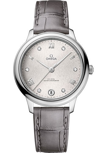 Omega De Ville Stainless Steel 34 MM - Grey Leather Strap - Silvery Dial - 434.13.34.20.52.001