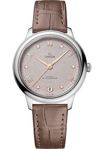 Omega De Ville Stainless Steel 34 MM - Taupe Brown Leather Strap - Rose Grey Dial - 434.13.34.20.52.002