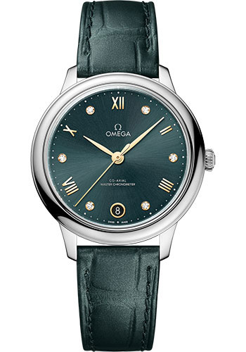 Omega De Ville Stainless Steel 34 MM - Green Leather Strap - Green Dial - 434.13.34.20.60.001