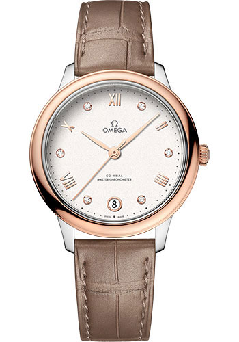 Omega De Ville Rose Gold and Stainless Steel 34 MM - Taupe Brown Leather Strap - Silvery Dial - 434.23.34.20.52.001