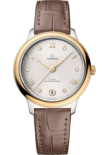 Omega De Ville Yellow Gold and Stainless Steel 34 MM - Taupe Brown Leather Strap - Silvery Dial - 434.23.34.20.52.002