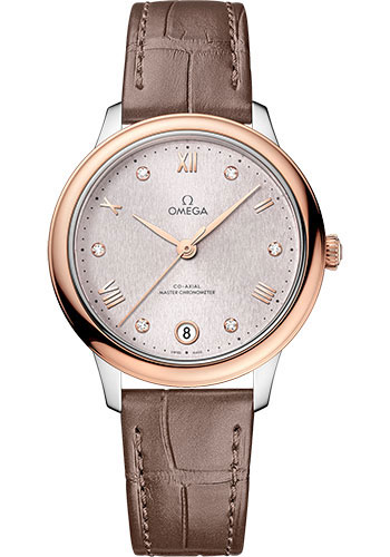 Omega De Ville Rose Gold and Stainless Steel 34 MM - Taupe Brown Leather Strap - Rose Silvery Dial - 434.23.34.20.52.003