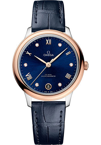 Omega De Ville Rose Gold and Stainless Steel 34 MM - Dark Blue Leather Strap - Blue Dial - 434.23.34.20.53.001