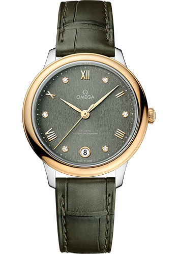 Omega De Ville Yellow Gold and Stainless Steel 34 MM - Olive Green Leather Strap - PVD Matchgreen Dial - 434.23.34.20.60.001