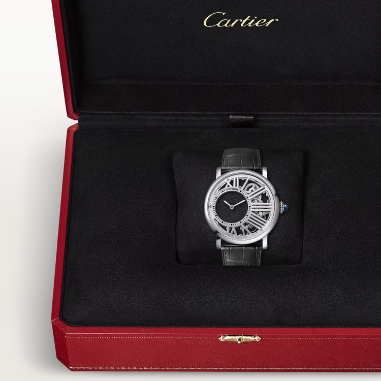 Cartier Ronde Rotonde de Cartier Steel 42 MM - Black Alligator Leather Strap - Skeleton Dial - WHRO0014