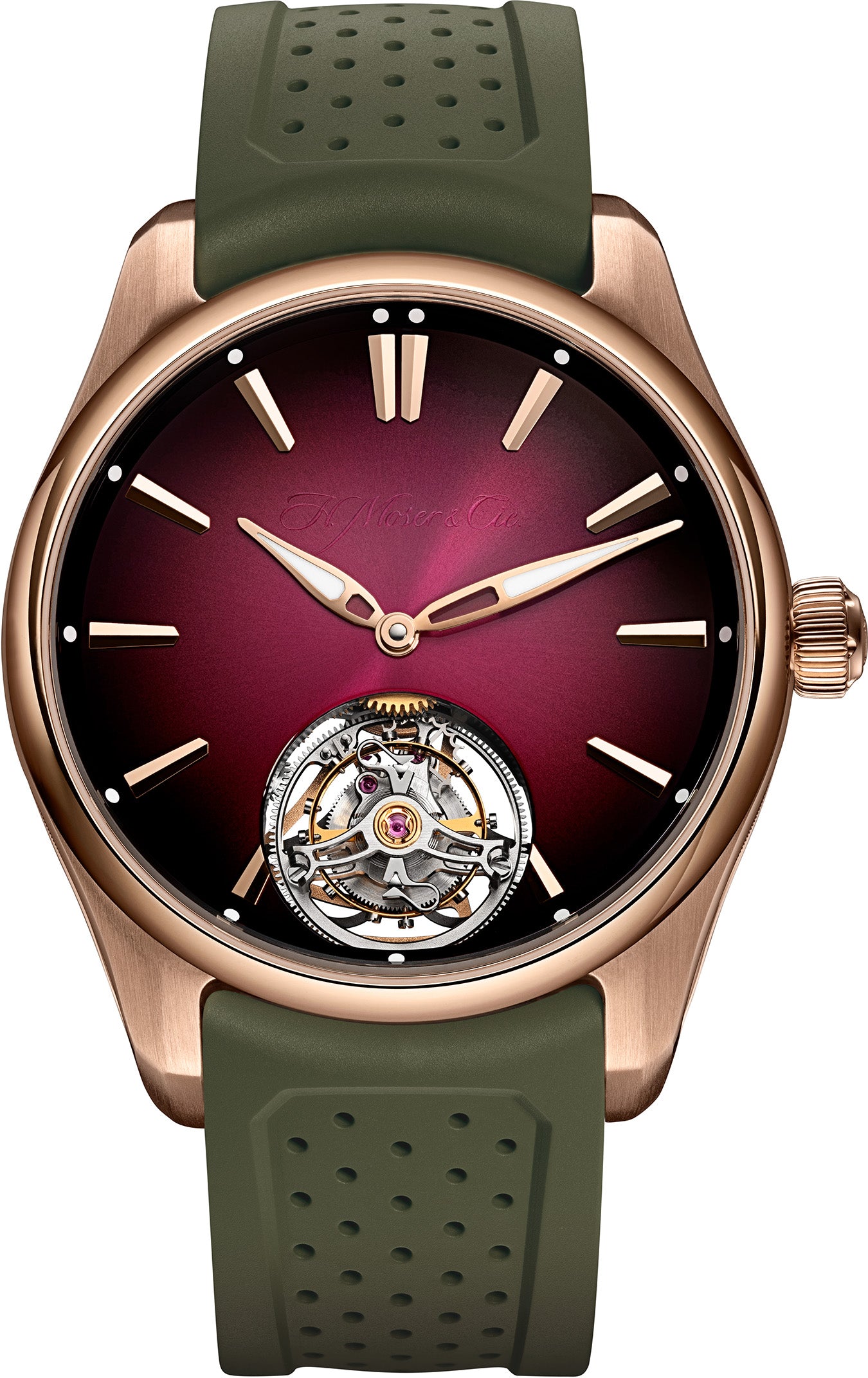 H. Moser & Cie Pioneer Tourbillon Burgundy - Red Gold - 40 MM - Rubber Strap - Burgundy Fumé Dial - 3805-0400