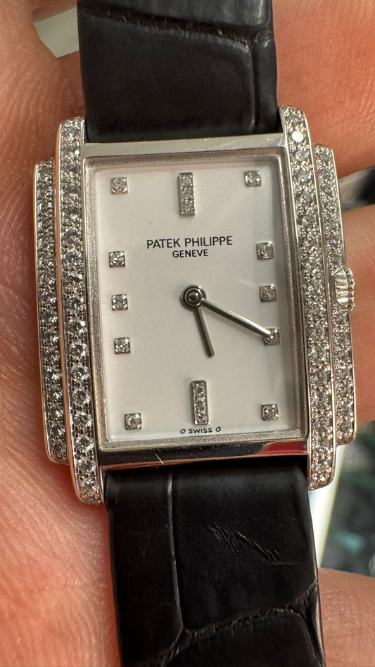 Patek Philippe Gondolo - 29 MM - White Gold and Diamonds - White Diamond Dial - Leather Strap - 4825/100G