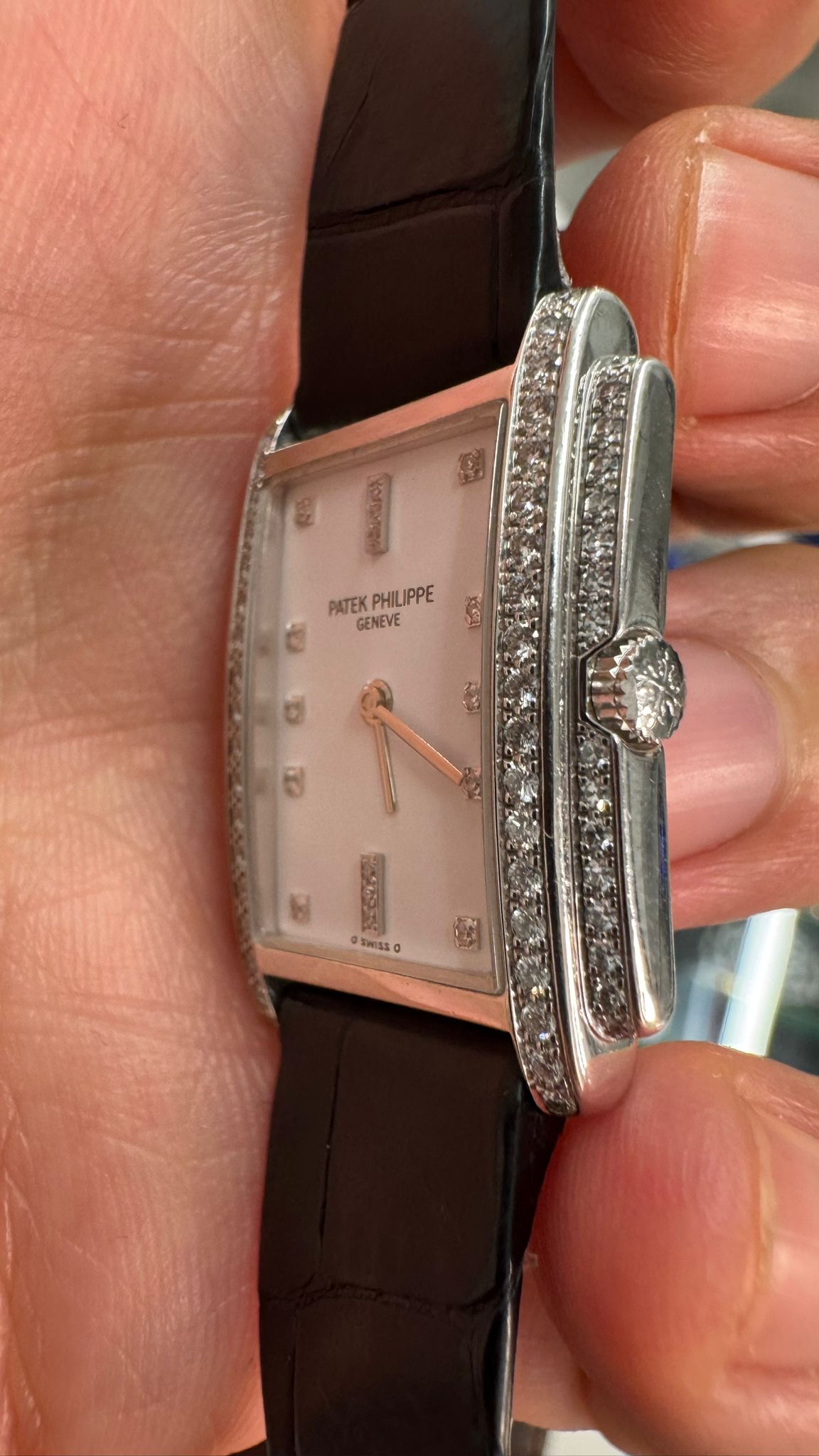 Patek Philippe Gondolo - 29 MM - White Gold and Diamonds - White Diamond Dial - Leather Strap - 4825/100G