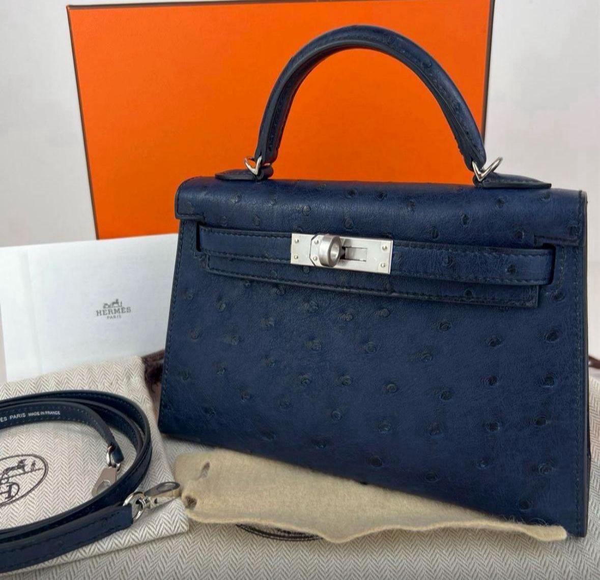 Hermès Kelly Sellier 20 - Aizome - Ostrich - Palladium Hardware - KS20AOPHW