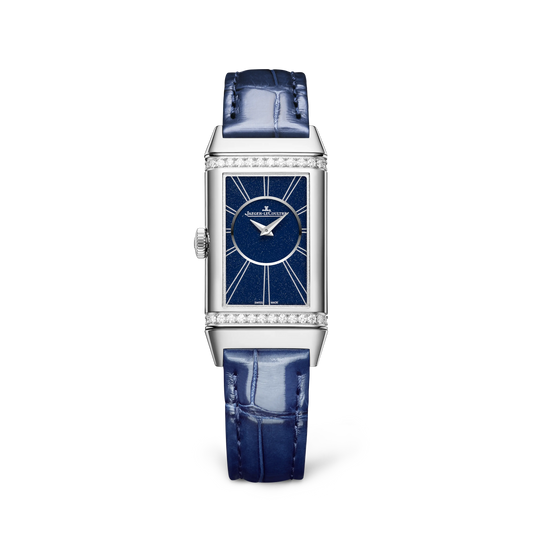 JLC - Reverso One Duetto - 40.1 MM x 20 MM - Stainless Steel - Silvered-Gray/Midnight Blue Dial - Diamond-Set Case - Blue Leather Strap - Q334848J
