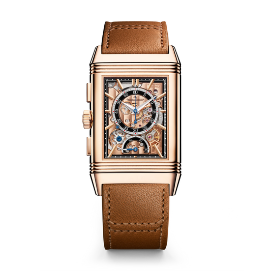 JLC - Reverso Tribute Chronograph - Limited Edition - 49.4 MM x 29.9 MM - Pink Gold - Golden/Skeleton Dial - Black/Brown Leather Strap - Q389256J