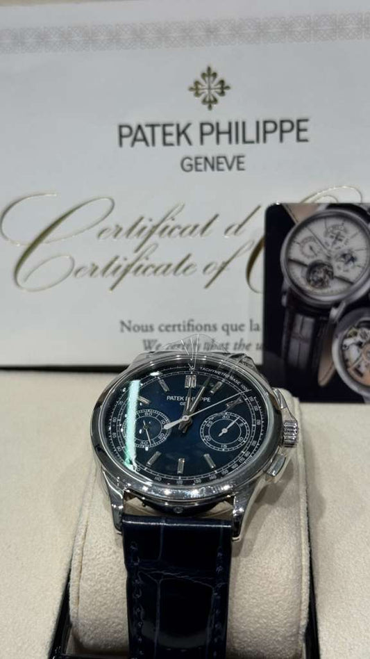 Patek Philippe Complications - Chronograph - 39 MM - Platinum - Blue Baguette Dial - Leather Bracelet - 5170P-001
