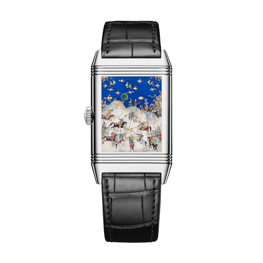 JLC - Reverso Tribute Siyavush Plays Polo - Limited Edition - 45.6 MM x 27.4 MM - White Gold - Midnight Blue Guilloché Enamel Dial - Black Leather Strap - Q39334S1