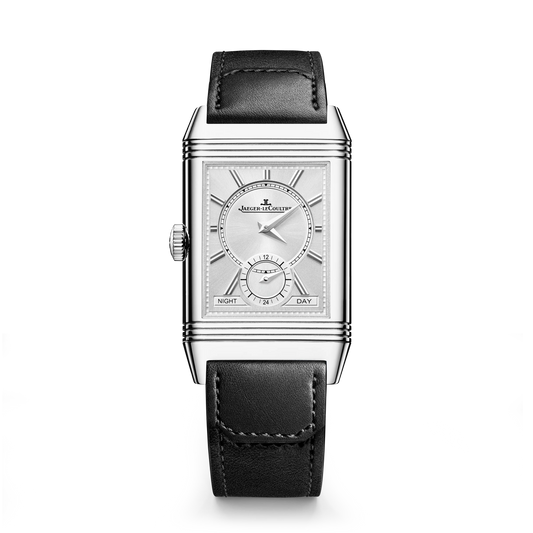 JLC - Reverso Tribute Duoface Small Seconds - 47 MM x 28.3 MM - Stainless Steel - Black/Silver Dial - Black Leather/Canvas Strap - Q398847J