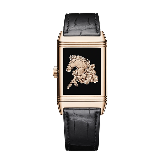 JLC - Reverso Tribute Enamel Horse - Limited Edition - 45.6 MM x 27.4 MM - Pink Gold - Black Enamel Dial - Black Leather Strap - Q39324D3