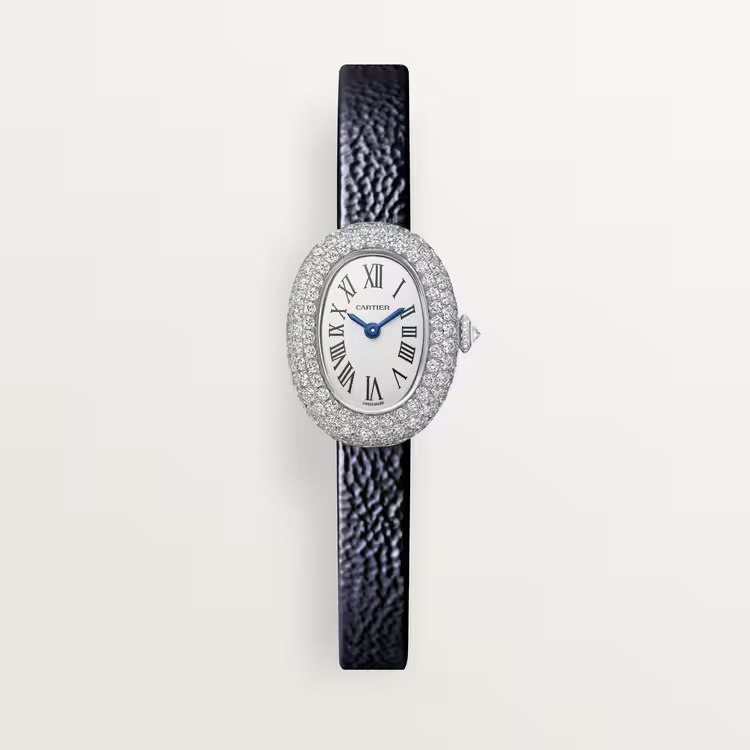 Cartier Baignoire de Cartier White Gold 24.6 MM - Navy Blue Calfskin Strap - Diamond Bezel - Silvered Dial - WJBA0036