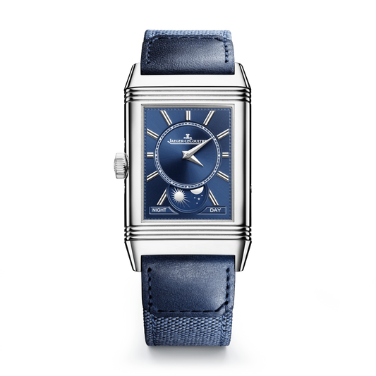 JLC - Reverso Tribute Duoface Calendar - 49.4 MM x 29.9 MM - Stainless Steel - Silvered-Gray/Blue Dial - Blue Leather/Canvas Strap - Q3918420