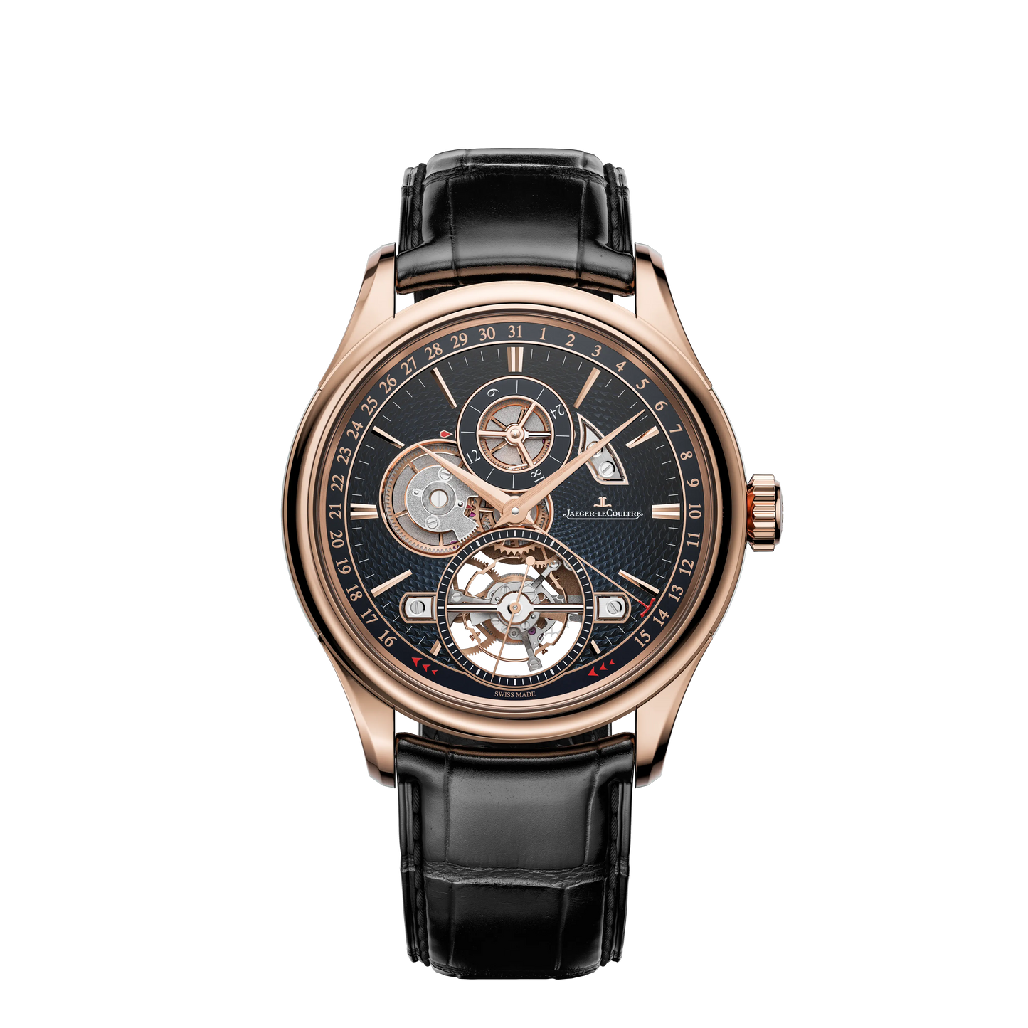 JLC - Master Grande Tradition Tourbillon Jumping Date - Limited Edition - 42 MM - Rose Gold - Open-Worked Blue Translucent Enamel Dial - Black Alligator Leather Strap - Q4202480