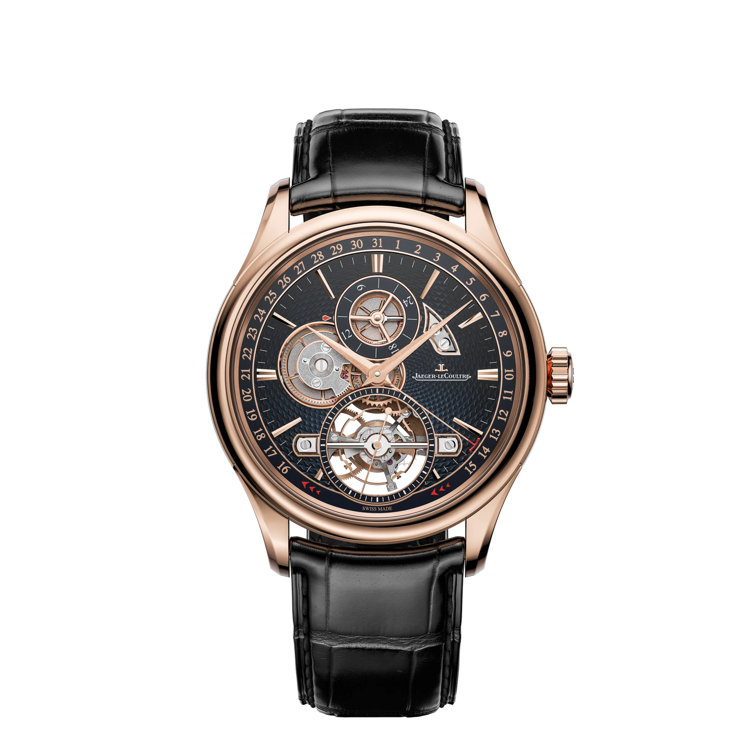 JLC - Master Grande Tradition Tourbillon Jumping Date - Limited Edition - 42 MM - Rose Gold - Open-Worked Blue Translucent Enamel Dial - Black Alligator Leather Strap - Q4202480