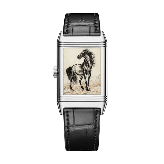 JLC - Reverso Tribute Enamel Xu Beihong Standing Horse - Limited Edition - 45.6 MM x 27.4 MM - White Gold - Orange Guilloché Enamel Dial - Black Leather Strap - Q39334B1