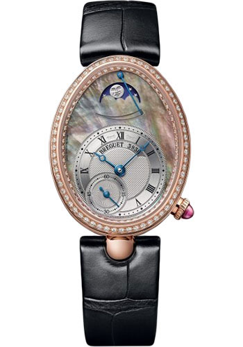 Breguet Reine de Naples Rose Gold 28.48 MM - Black Leather Strap - Diamond Bezel - Mother-Of-Pearl Dial - 8908BR/5T/964/D00D3L