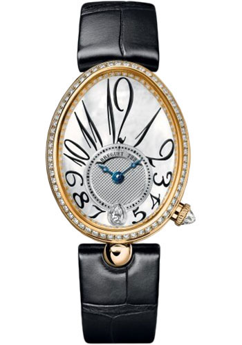 Breguet Reine de Naples Yellow Gold 28.48 MM - Black Leather Strap - Diamond Bezel - Mother-Of-Pearl Dial - 8918BA/58/964/D00D3L