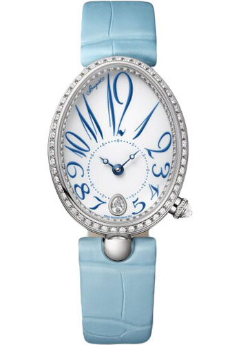 Breguet Reine de Naples White Gold 28.48 MM - Blue Leather Strap - Diamond Bezel - White Enamel Dial - 8918BB/28/964/D00D