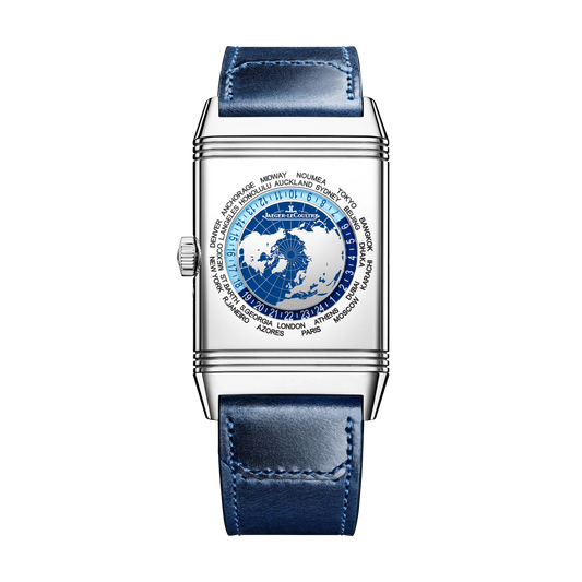 JLC - Reverso Tribute Geographic - 49.4 MM x 29.9 MM - Stainless Steel - Blue Dial - Blue Leather/Canvas Strap - Q714845J