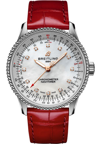 Breitling Navitimer Stainless Steel 35 MM - Red Leather Strap - Mother-Of-Pearl Dial - A17395211A1P5