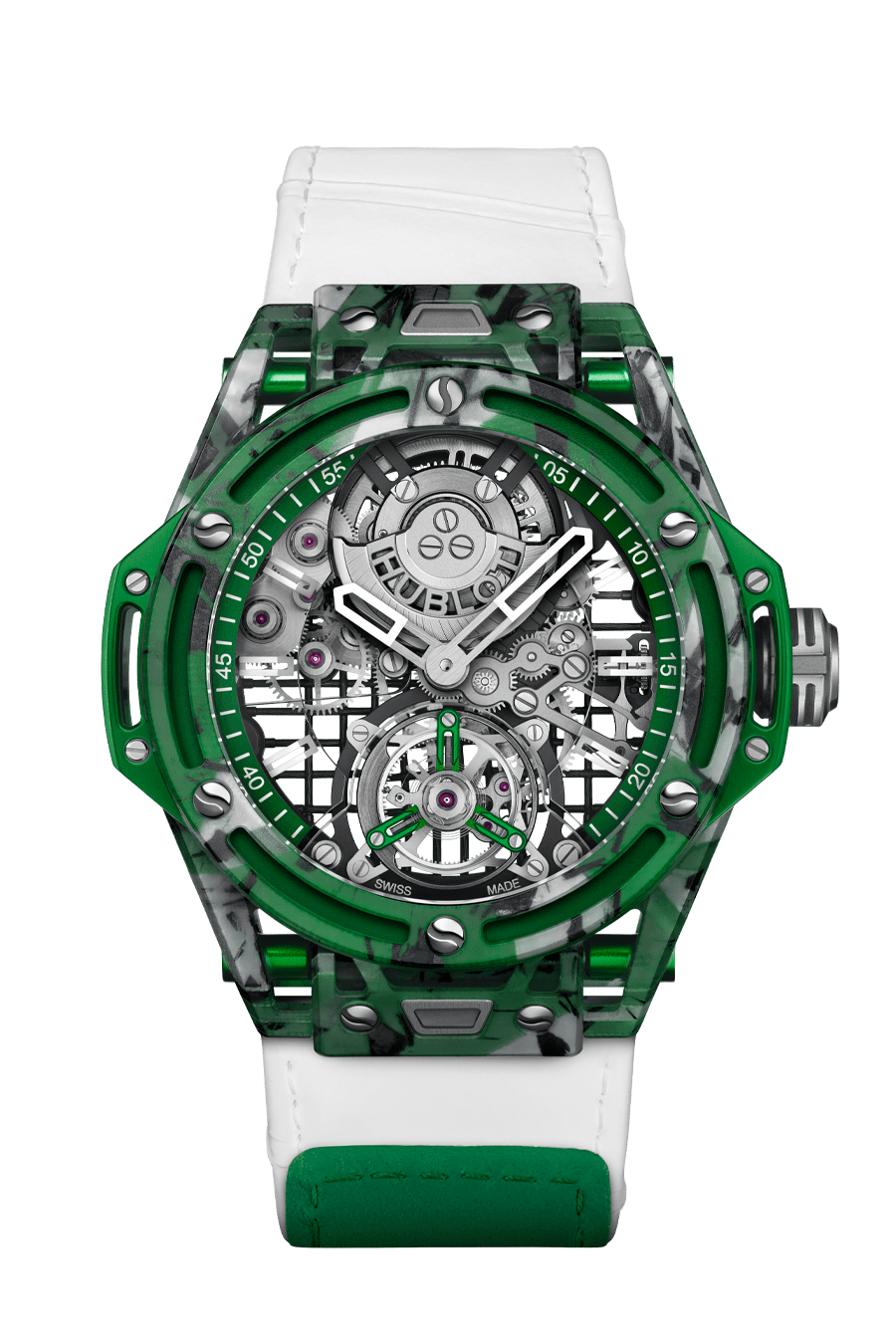 Hublot Big Bang Tourbillon Novak Djokovic G.O.A.T. Edition Green - Green Special Composite - 44 MM - White Calfskin Leather Strap - Sapphire Crystal Dial - 429.QKG.0120.NR.DJO26