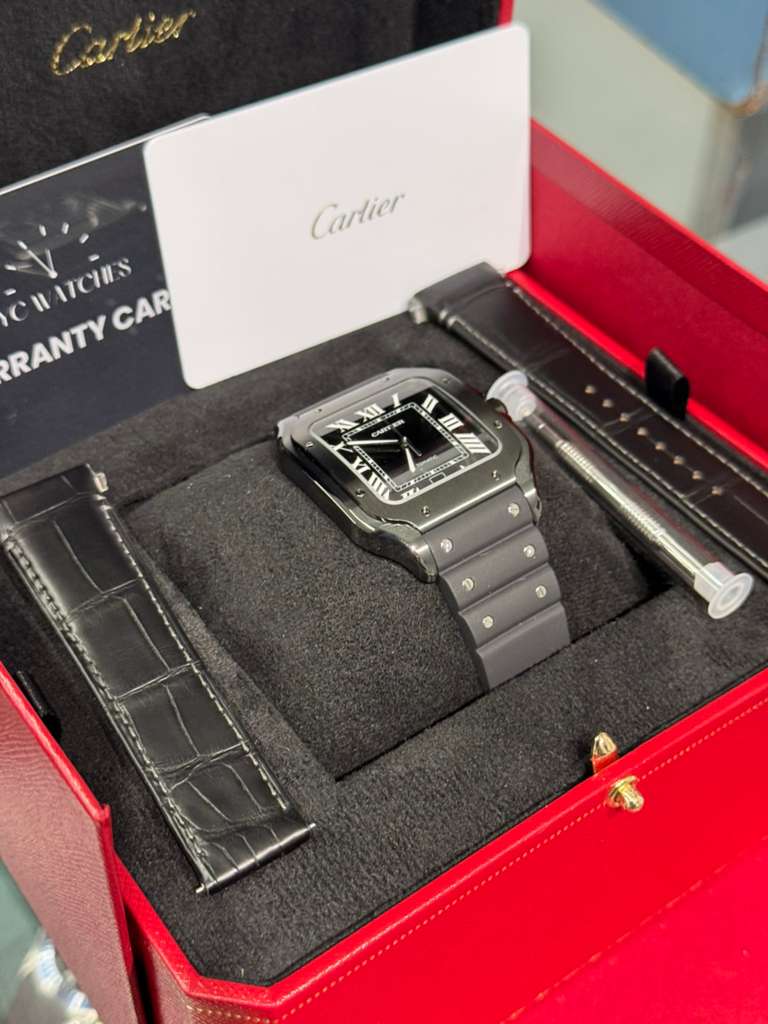 Cartier Santos de Cartier Stainless Steel 39.8 MM (Large Model) - Black Leather Strap - Black Dial - WSSA0039