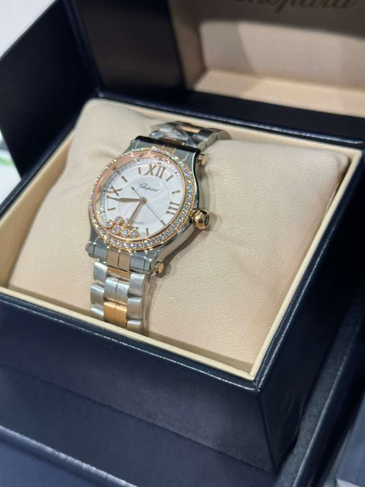 Chopard Happy Sport Stainless Steel and Rose Gold 33 MM - Stainless Steel Bracelet - Diamond Bezel - White Diamond Dial - 278608-6004