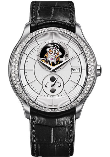 Piaget Gouverneur Tourbillon - White Gold 43 MM - Black Leather Strap - Diamond Bezel - Silvered Dial - G0A37115