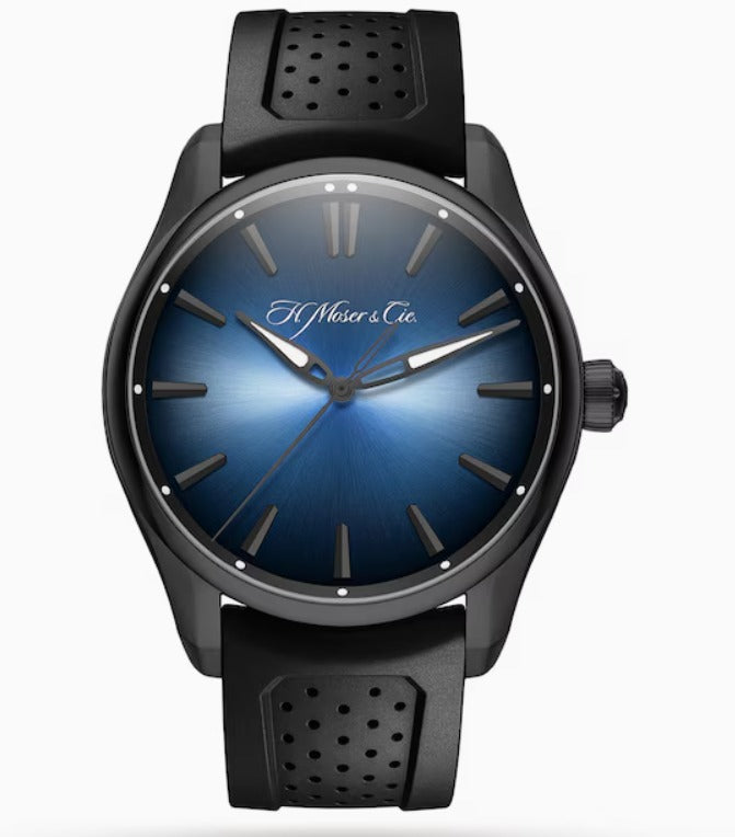 H. Moser & Cie Pioneer Centre Seconds Coated Stainless Steel 43 MM - Black Rubber Strap - Blue Dial - Black Rubber Strap 3200-1205
