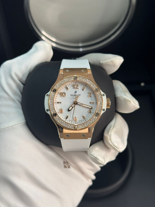 Hublot - Big Bang - 38 MM - Yellow Gold and Diamonds - White Dial - White Rubber Strap - Diamond Bezel - 361.PE.2010.RW.1704