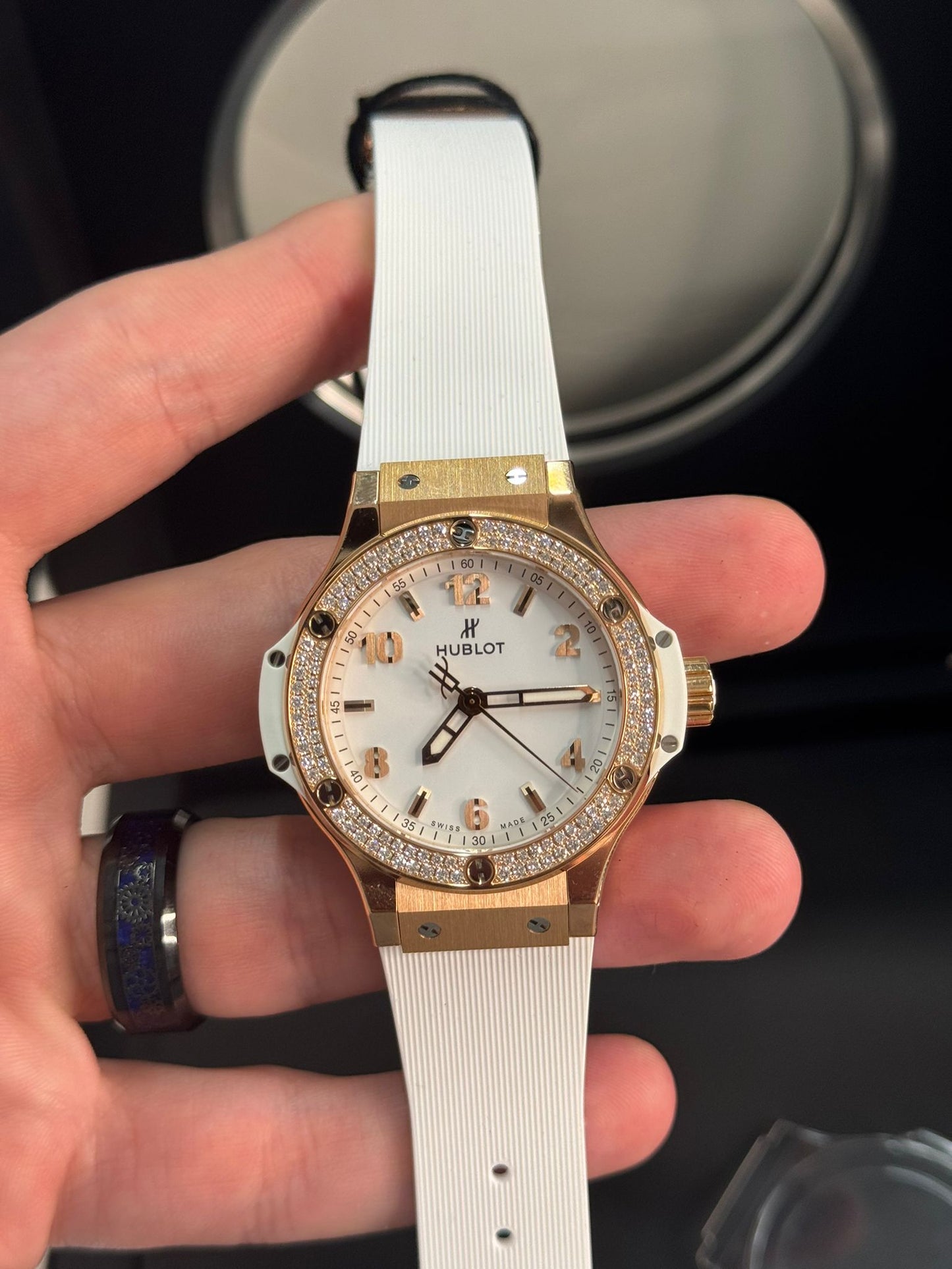 Hublot - Big Bang - 38 MM - Yellow Gold and Diamonds - White Dial - White Rubber Strap - Diamond Bezel - 361.PE.2010.RW.1704