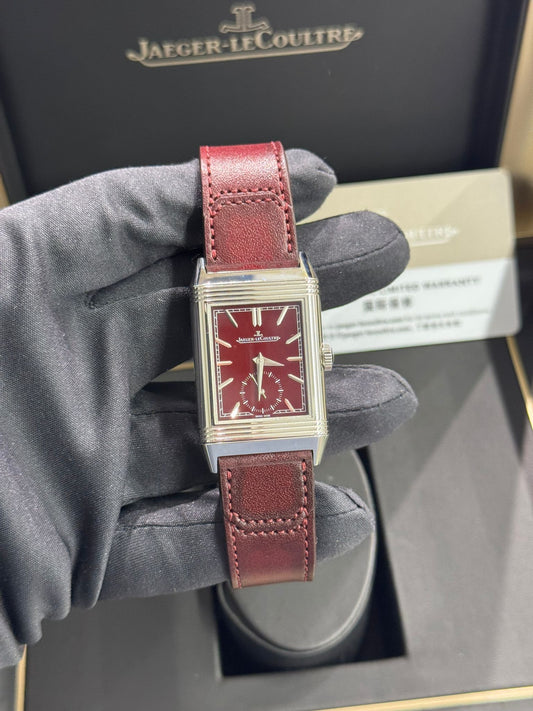 JLC - Reverso Tribute Monoface Small Seconds - 45.6 MM x 27.4 MM - Stainless Steel - Burgundy Dial - Burgundy Leather Strap - JLC Q397846J