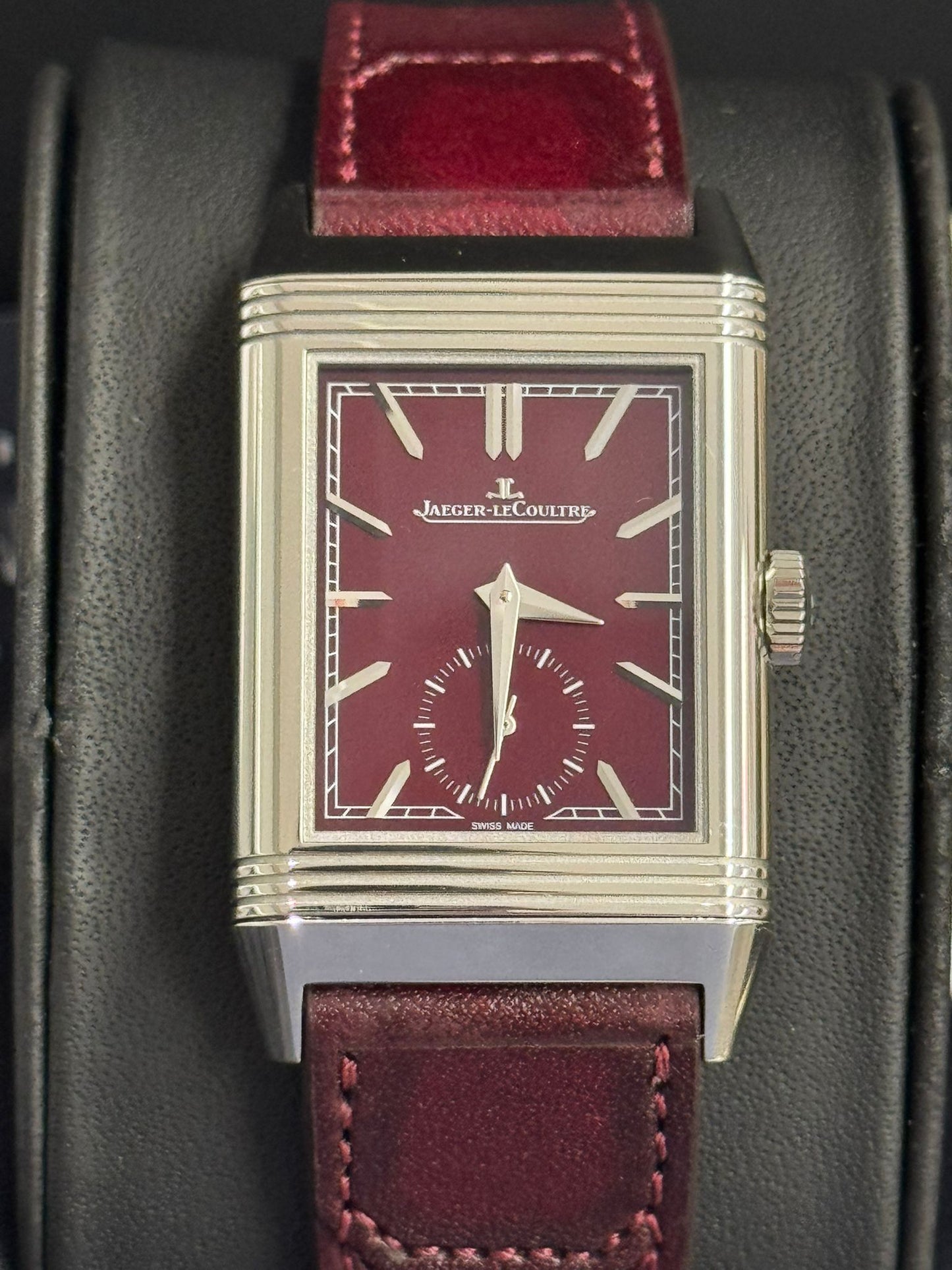 JLC - Reverso Tribute Monoface Small Seconds - 45.6 MM x 27.4 MM - Stainless Steel - Burgundy Dial - Burgundy Leather Strap - JLC Q397846J