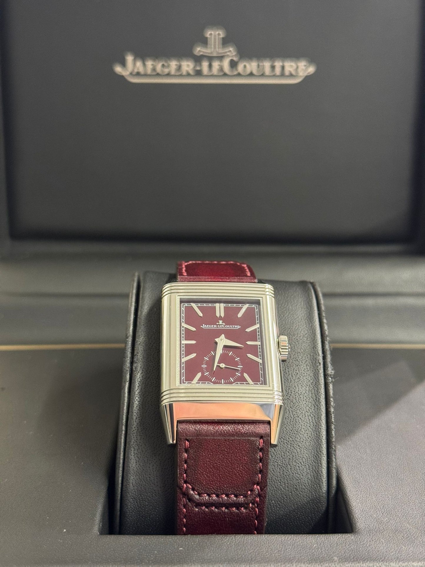 JLC - Reverso Tribute Monoface Small Seconds - 45.6 MM x 27.4 MM - Stainless Steel - Burgundy Dial - Burgundy Leather Strap - JLC Q397846J