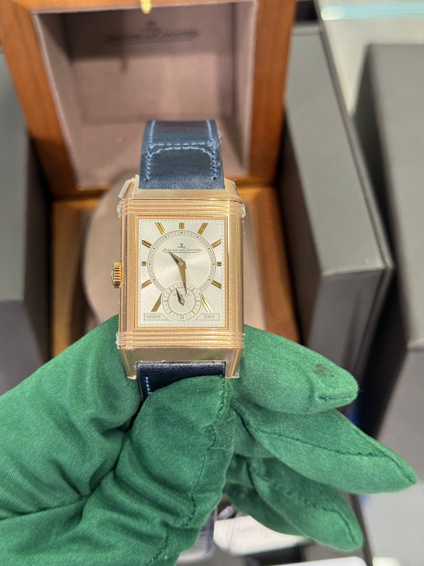 JLC - Reverso Tribute Duoface Small Seconds - 47 MM x 28.3 MM - Pink Gold - Blue/Silvered Dial - Blue Strap - JLC Q3982590