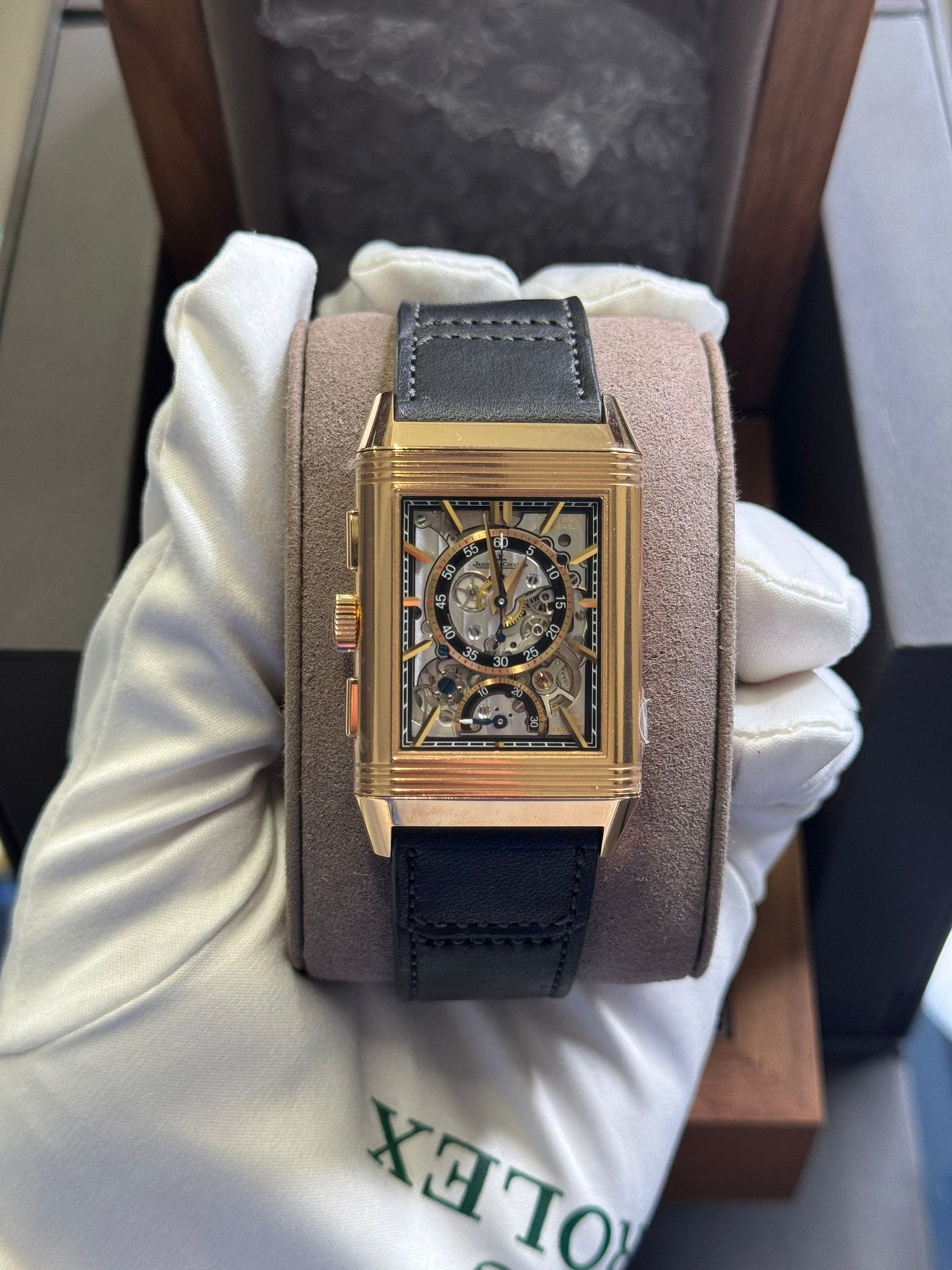 JLC - Reverso Tribute Chronograph - 30 MM - 18k Pink Gold - Black Dial - Calf Leather and Canvas Strap - JLC Q389257J