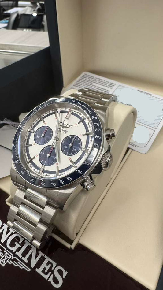 Longines Conquest Chronograph - 42 MM - Steel Case - Ceramic Bezel - Silver with Blue Counters Dial - L3.835.4.98.6