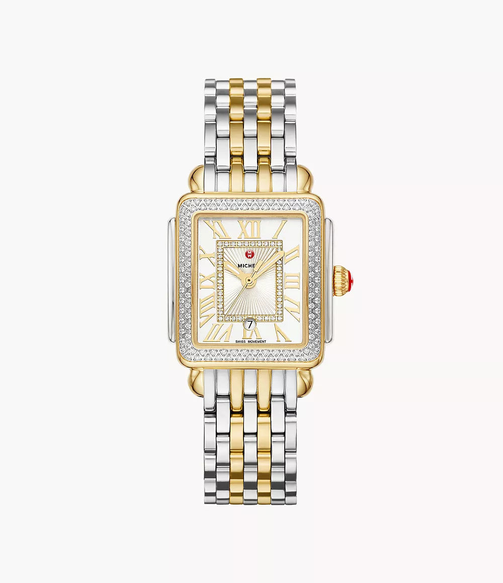 Michele Deco Madison Mid Two-Tone - 31 MM - Plated Gold - Diamond Bezel - White Silver Diamond Dial - MWW06G000002