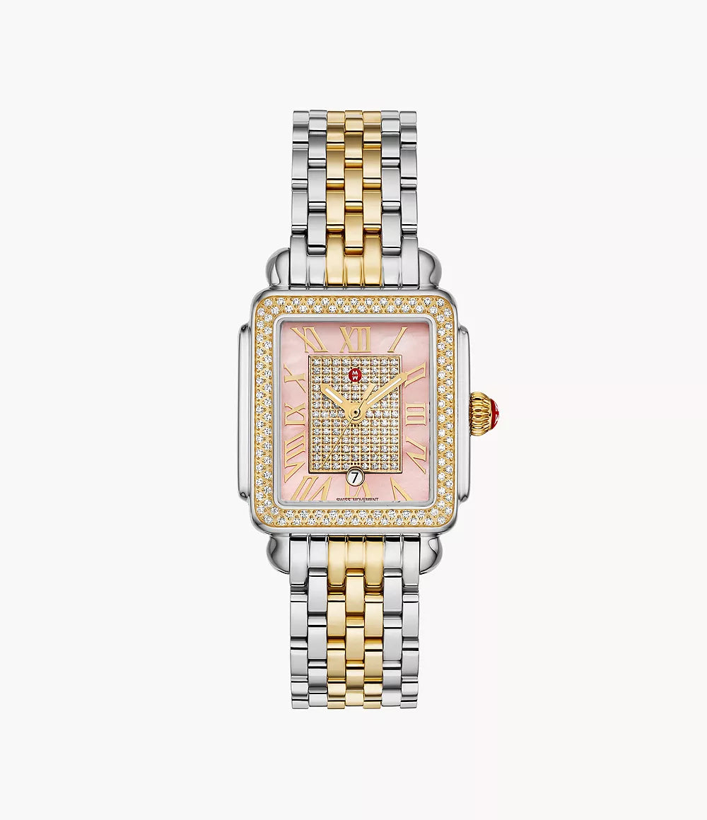Michele Deco Madison Mid Two-Tone - 31 MM - Stainless Steel, 18k Gold Plated - Diamond Bezel - Pink Diamond Dial - MWW06G000047