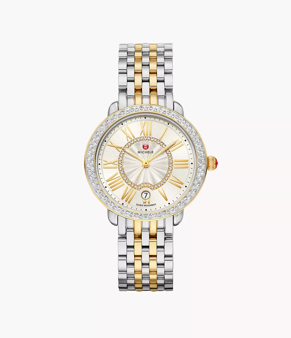 Michele Serein Mid Two Tone - 36 MM - Stainless Steel, 18k Gold Plated - Diamond Bezel - Silver Roman Diamond Dial - MWW21B000138