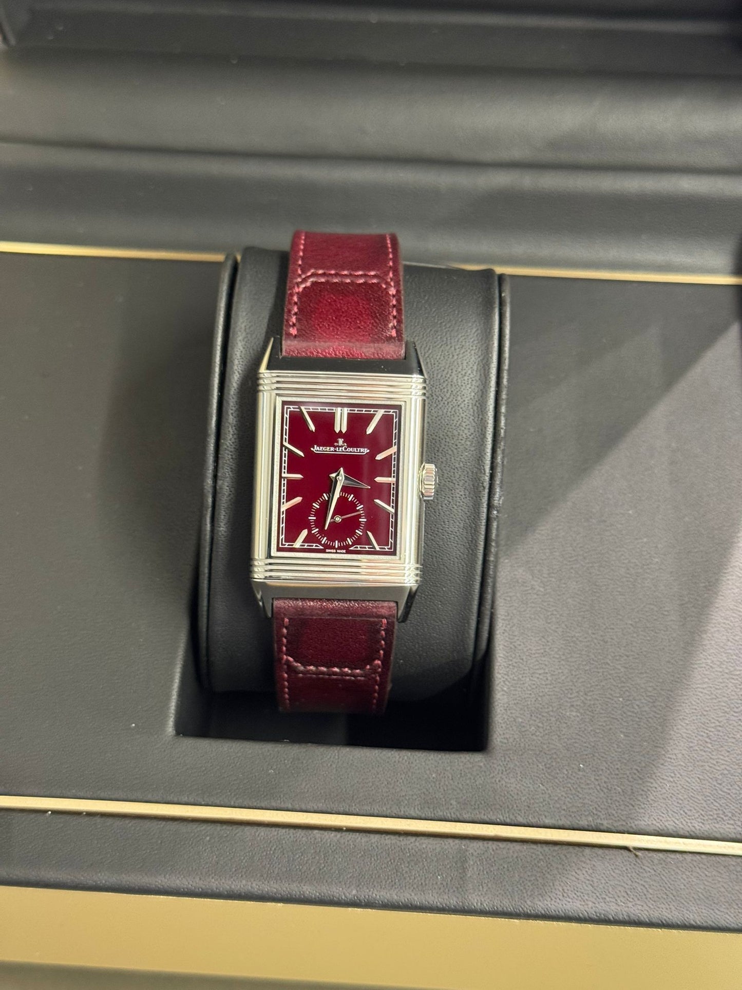 JLC - Reverso Tribute Monoface Small Seconds - 45.6 MM x 27.4 MM - Stainless Steel - Burgundy Dial - Burgundy Leather Strap - JLC Q397846J