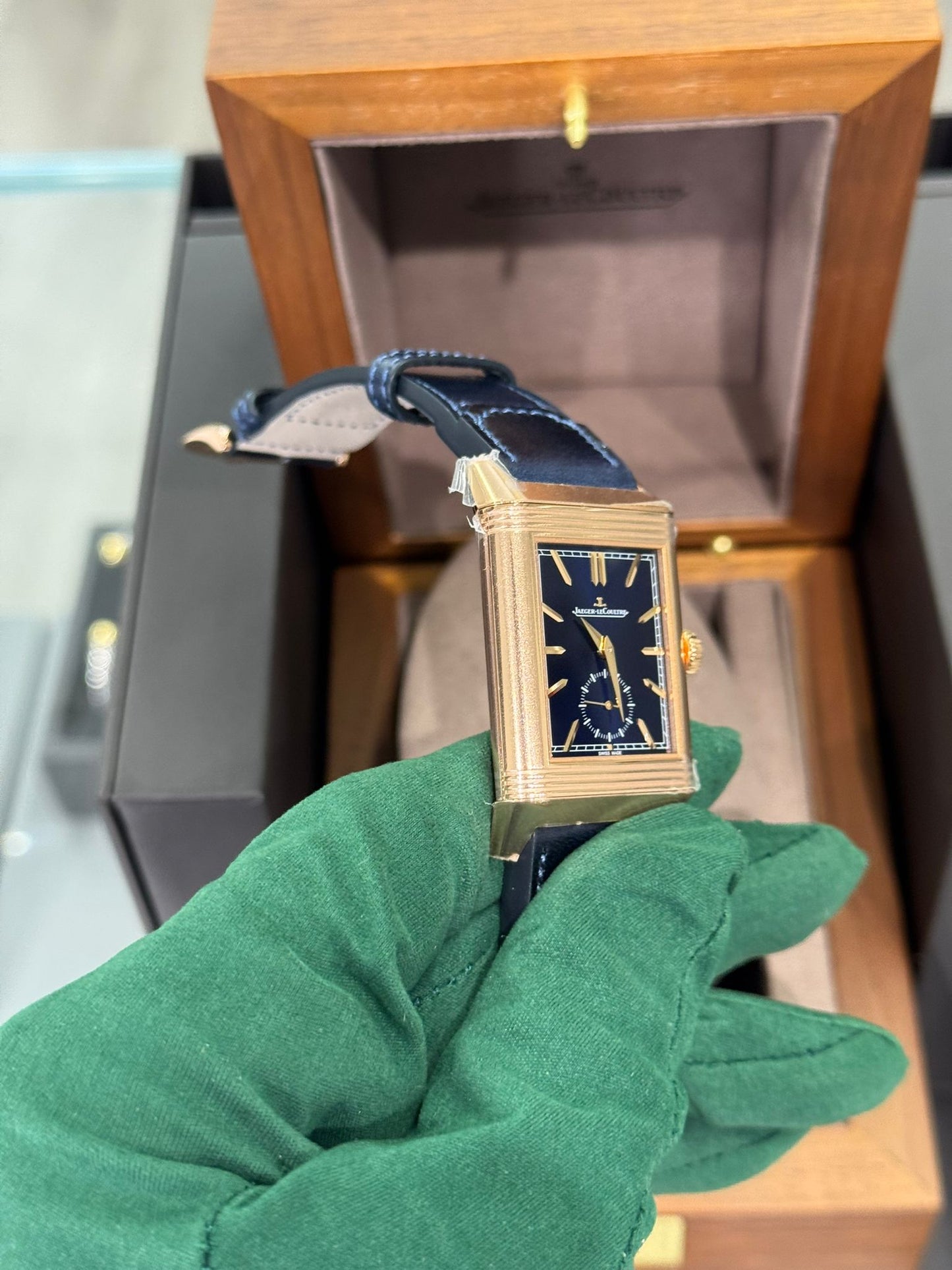 JLC - Reverso Tribute Duoface Small Seconds - 47 MM x 28.3 MM - Pink Gold - Blue/Silvered Dial - Blue Strap - JLC Q3982590