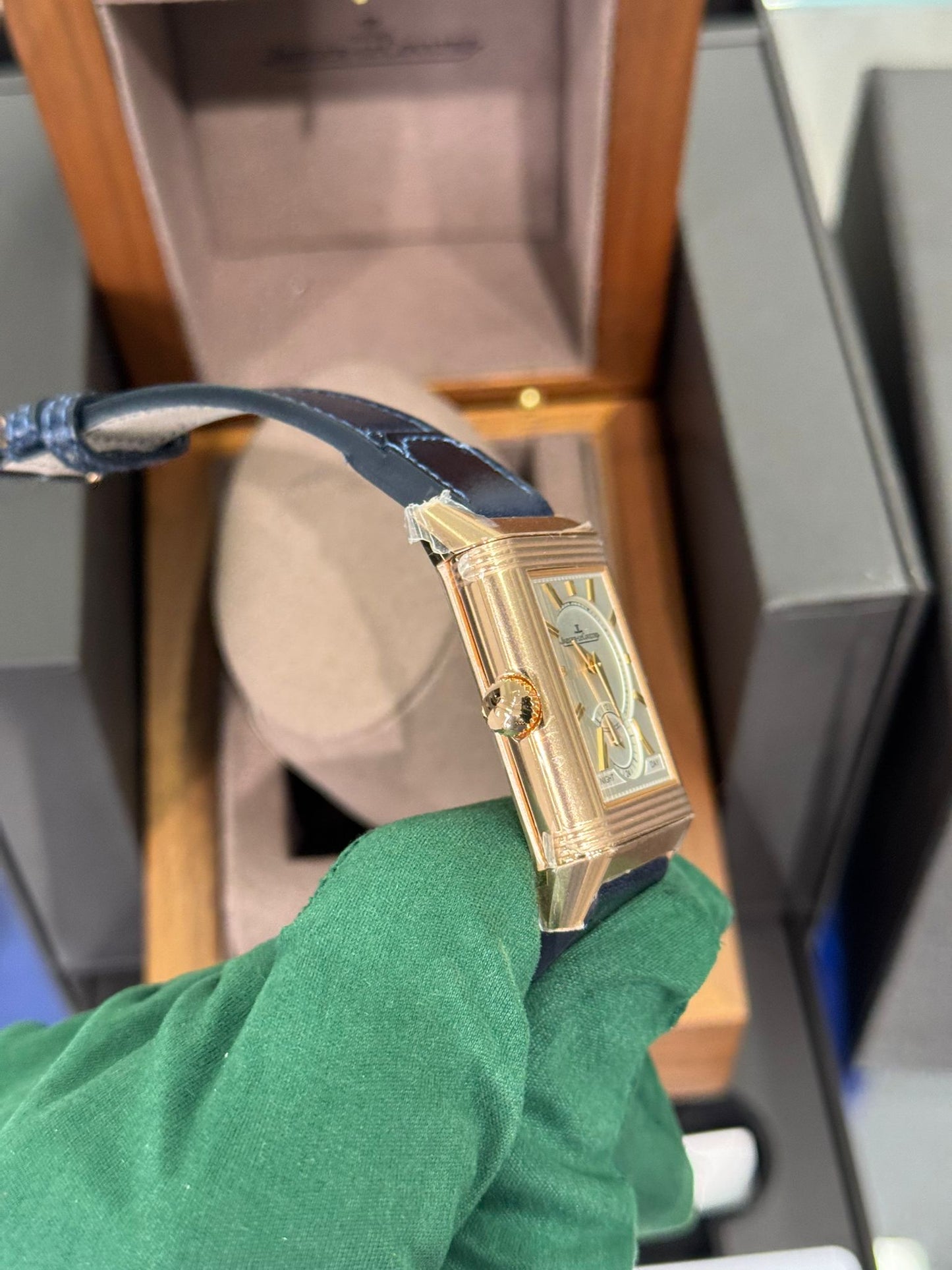 JLC - Reverso Tribute Duoface Small Seconds - 47 MM x 28.3 MM - Pink Gold - Blue/Silvered Dial - Blue Strap - JLC Q3982590