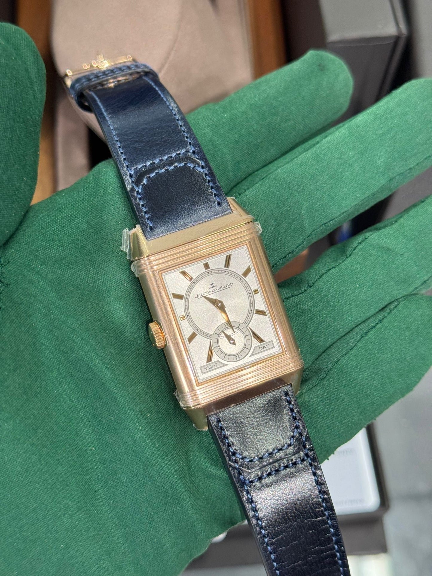 JLC - Reverso Tribute Duoface Small Seconds - 47 MM x 28.3 MM - Pink Gold - Blue/Silvered Dial - Blue Strap - JLC Q3982590