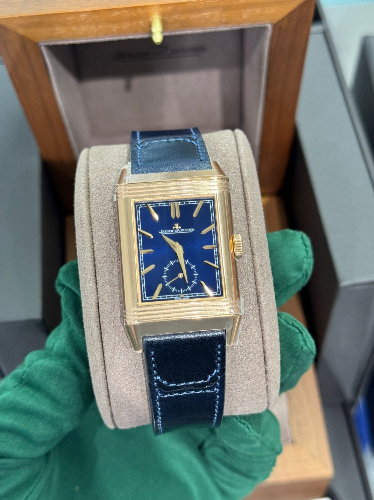 JLC - Reverso Tribute Duoface Small Seconds - 47 MM x 28.3 MM - Pink Gold - Blue/Silvered Dial - Blue Strap - JLC Q3982590
